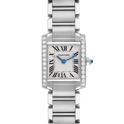 The Cartier Tank Francaise W4TA0008 Women's Stainless Steel Silver Dial W4TA0008 Women's Stainless Steel Silver Dial is shown from the front, displaying the face, bezel, Roman numerals, and integrated bracelet.