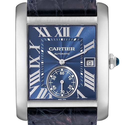 The image shows a frontal view of the Cartier Tank MC WSTA0010 Men's Stainless Steel Blue Dial WSTA0010 Men's Stainless Steel Blue Dial watch, highlighting the dial, hands, date, and part of the strap.