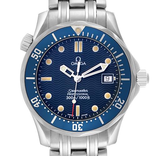 The Omega Seamaster 2561.80.00 Men's Stainless Steel Blue Dial 2561.80.00 Men's Stainless Steel Blue Dial watch is shown from a front angle highlighting the blue dial, bezel, and date window.