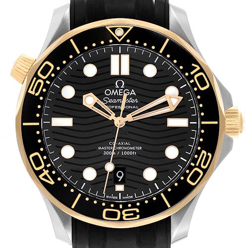 The Omega Seamaster 210.22.42.20.01.001 Men's Steel and Gold (two tone) Black Dial 210.22.42.20.01.001 Men's Steel and Gold (two tone) Black Dial watch is shown from the front, highlighting the dial, bezel, crown, and part of the strap.