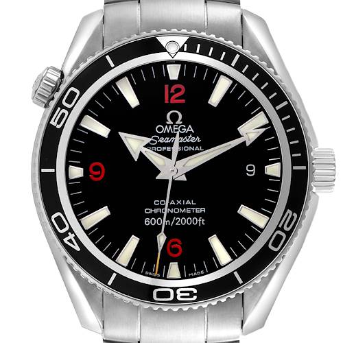 The Omega Planet Ocean 2201.51.00 Men's Stainless Steel Black Dial 2201.51.00 Men's Stainless Steel Black Dial watch is shown from the front, displaying its dial, bezel, and crown.