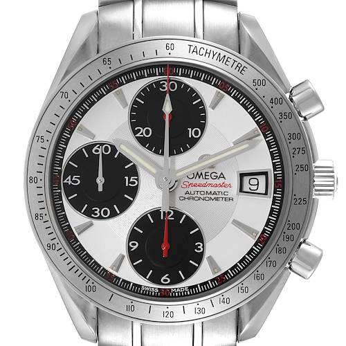 This image shows a front view of an Omega Speedmaster 3211.31.00 Men's Stainless Steel Silver Dial 3211.31.00 Men's Stainless Steel Silver Dial watch displaying the dial, chronograph subdials, date window, and bezel.
