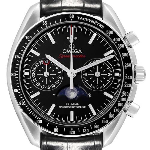 The Omega Speedmaster 304.33.44.52.01.001 Men's Stainless Steel Black Dial 304.33.44.52.01.001 Men's Stainless Steel Black Dial watch is shown from the front, displaying its dial, subdials, moonphase, and tachymeter bezel.