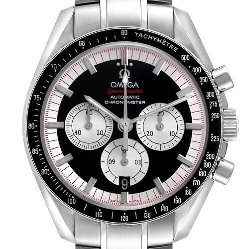 The image shows a front view of the Omega Speedmaster 3507.51.00 Men's Stainless Steel Black Dial 3507.51.00 Men's Stainless Steel Black Dial, highlighting its dial, subdials, bezel, and stainless steel bracelet.