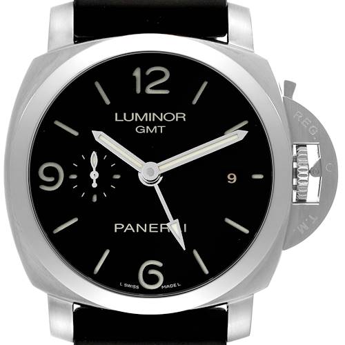 The image shows a front view of the Panerai Luminor PAM00320 Men's Stainless Steel Black Dial PAM00320 Men's Stainless Steel Black Dial GMT watch, highlighting its dial, hands, and crown guard.
