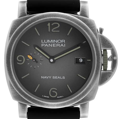 The image shows a front view of a Panerai Luminor PAM01412 Men's Stainless Steel Grey Dial PAM01412 Men's Stainless Steel Grey Dial Navy Seals watch, including the dial, indices, crown guard, and part of the strap.