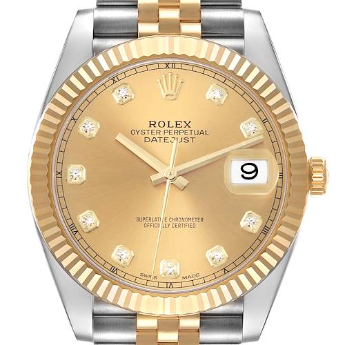 The image shows a close-up of the Rolex Datejust 41 M126333-0012 Men's Steel and Gold (two tone) Champagne Dial M126333-0012 Men's Steel and Gold (two tone) Champagne Dial, highlighting its face, bezel, and part of the bracelet.