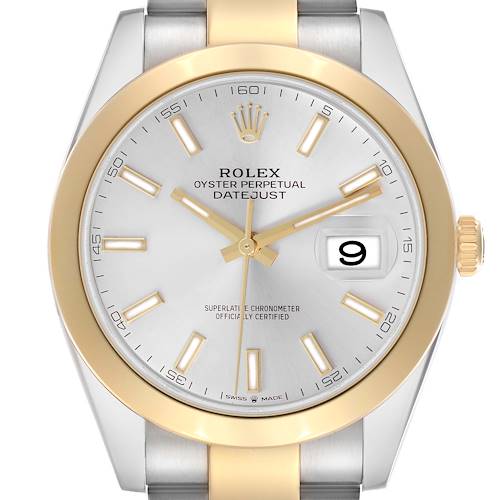 The Rolex Datejust 41 126303 Men's Steel and Gold (two tone) Silver Dial 126303 Men's Steel and Gold (two tone) Silver Dial watch is shown from a frontal angle, displaying the case, dial, hands, markers, bezel, and part of the bracelet.