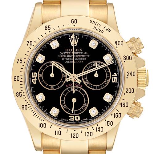 The Rolex Daytona 116528 Men's Yellow Gold Black Dial 116528 Men's Yellow Gold Black Dial watch is shown from the front, highlighting the dial, bezel, and chronograph sub-dials.