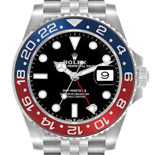 The Rolex GMT-Master 126710BLRO Men's Stainless Steel Black Dial 126710BLRO Men's Stainless Steel Black Dial watch is shown from a front angle, displaying the dial, bezel, and part of the bracelet.