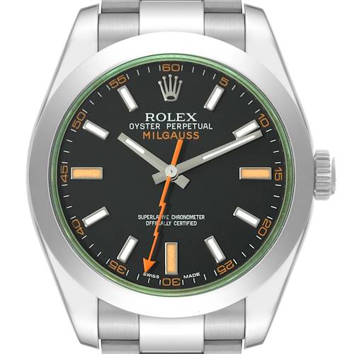 The image shows a front view of the Rolex Milgauss 116400GV Men's Stainless Steel Black Dial 116400GV Men's Stainless Steel Black Dial watch, featuring its black dial, luminous markers, and stainless steel bracelet.