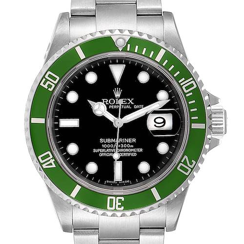 This image shows a front view of a Rolex Submariner 16610LV Men's Stainless Steel Black Dial 16610LV Men's Stainless Steel Black Dial watch, highlighting the green bezel, black dial, and date window.