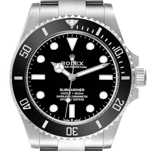 The image shows a frontal view of the Rolex Submariner M124060-0001 Men's Stainless Steel Black Dial M124060-0001 Men's Stainless Steel Black Dial watch, highlighting its dial, bezel, and part of the bracelet.