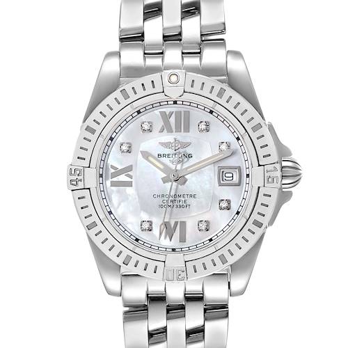 The image shows the front view of a Breitling A71356 Women's Stainless Steel Mother of Pearl Dial A71356 Women's Stainless Steel Mother of Pearl Dial Cockpit Mother of Pearl Diamond Steel Ladies Watch A71356, highlighting the dial and bracelet.