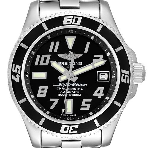 This image shows a front view of the Breitling Superocean A17364 Men's Stainless Steel Silver Dial A17364 Men's Stainless Steel Silver Dial watch, highlighting its black dial, bezel, and stainless steel bracelet.