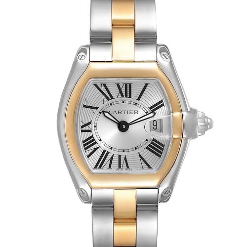 This image shows a frontal view of the Cartier Roadster W62026Y4 Women's Steel and Gold (two tone) Silver Dial W62026Y4 Women's Steel and Gold (two tone) Silver Dial watch, highlighting its dial, bezel, and part of the two-tone bracelet.