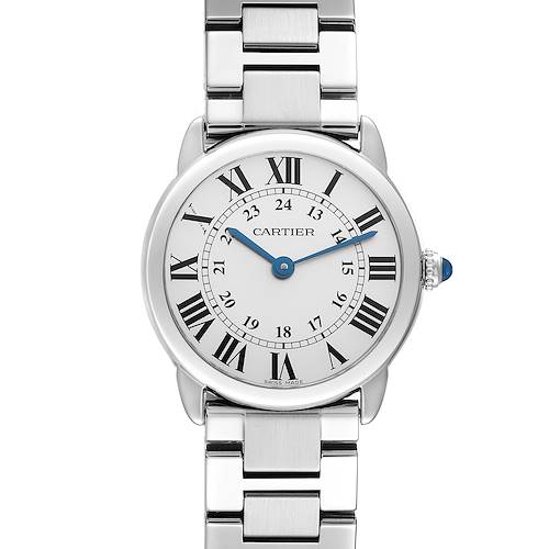 The Cartier Ronde W6701004 Women's Stainless Steel Silver Dial W6701004 Women's Stainless Steel Silver Dial watch is shown from a frontal angle, highlighting the face, bezel, and bracelet.