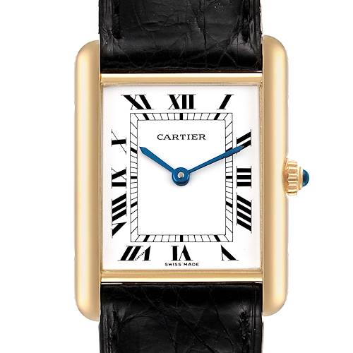 The image shows the Cartier Tank Classic Women's Yellow Gold White Dial Women's Yellow Gold White Dial watch, featuring a close-up of its face, crown, bezel, and black leather strap.
