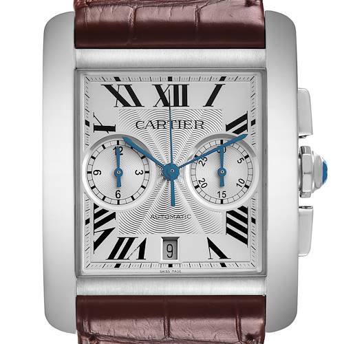 The Cartier Tank MC W5330007 Men's Stainless Steel Silver Dial W5330007 Men's Stainless Steel Silver Dial watch is shown from the front, displaying its square dial with Roman numerals, subdials, and a brown leather strap.