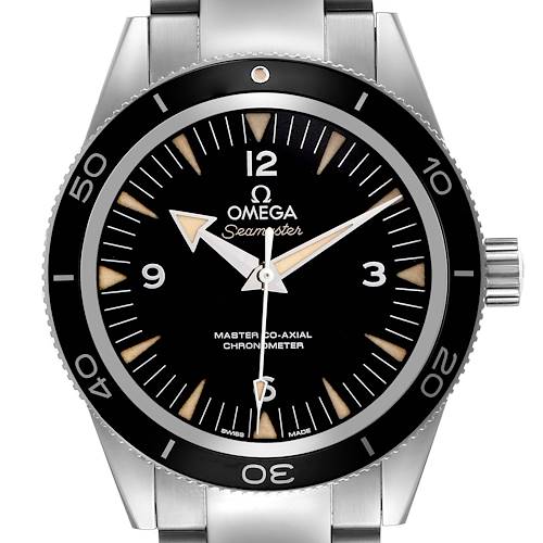 The Omega Seamaster 233.30.41.21.01.001 Men's Stainless Steel Black Dial 233.30.41.21.01.001 Men's Stainless Steel Black Dial watch is shown from the front, highlighting the dial, bezel, hands, and part of the bracelet.