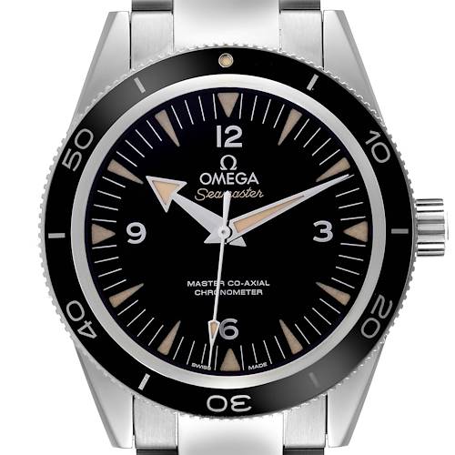 The Omega Seamaster 233.30.41.21.01.001 Men's Stainless Steel Black Dial 233.30.41.21.01.001 Men's Stainless Steel Black Dial watch is shown from a front angle, highlighting its dial, bezel, crown, and part of the bracelet.