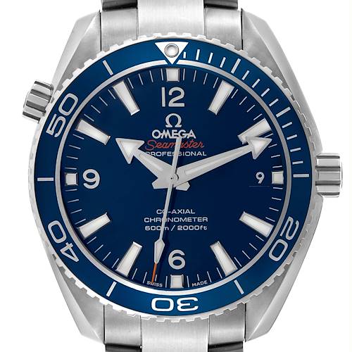 The Omega Planet Ocean 232.90.42.21.03.001 Men's Titanium Blue Dial 232.90.42.21.03.001 Men's Titanium Blue Dial watch is shown from the front, displaying the dial, bezel, and part of the bracelet.