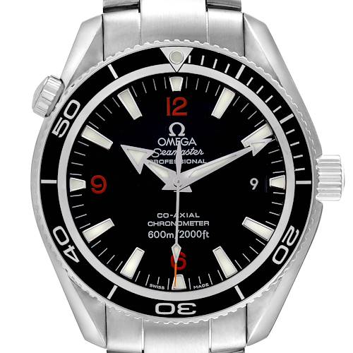 The Omega Planet Ocean 2201.51.00 Men's Stainless Steel Black Dial 2201.51.00 Men's Stainless Steel Black Dial watch is shown from a front angle, displaying the face, bezel, crown, and beginning of the bracelet.