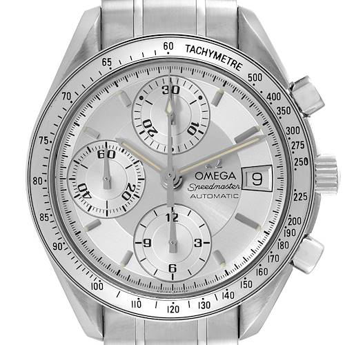 This image shows a front view of the Omega Speedmaster 3513.30.00 Men's Stainless Steel Silver Dial 3513.30.00 Men's Stainless Steel Silver Dial watch face, highlighting the chronograph dials, date display, and tachymeter scale.