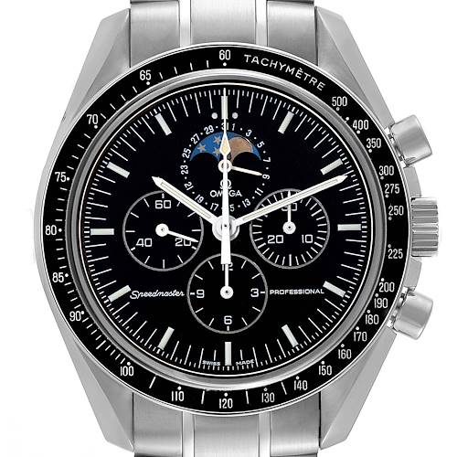 The image shows a front view of an Omega Speedmaster 3576.50.00 Men's Stainless Steel Black Dial 3576.50.00 Men's Stainless Steel Black Dial watch, highlighting the dial, chronograph sub-dials, tachymeter scale, and moon phase.
