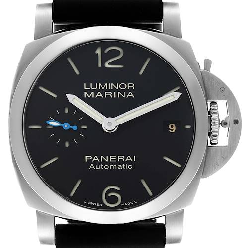 The image shows a front view of the Panerai Luminor PAM01372 Men's Stainless Steel Black Dial PAM01372 Men's Stainless Steel Black Dial watch, displaying the dial, hands, date, and crown guard.