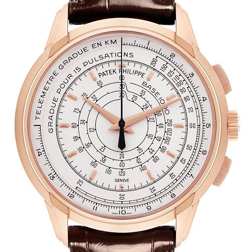 The image shows a front view of the Patek Philippe Complications 5975R-001 Men's Rose Gold Silver Dial 5975R-001 Men's Rose Gold Silver Dial watch, highlighting its dial and rose gold casing.