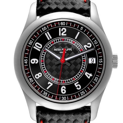 The Patek Philippe Calatrava 6007G Men's White Gold Black Dial 6007G Men's White Gold Black Dial watch is shown from a top-down angle, displaying the dial, hands, numerals, and a textured strap.