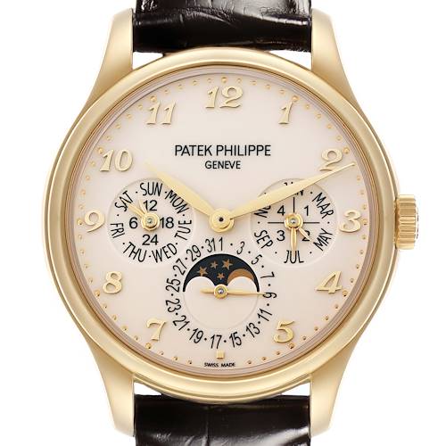 The Patek Philippe Complications 5327J Men's Yellow Gold Beige Dial 5327J Men's Yellow Gold Beige Dial model is shown from the front, highlighting the dial, subdials, and the moon phase feature.
