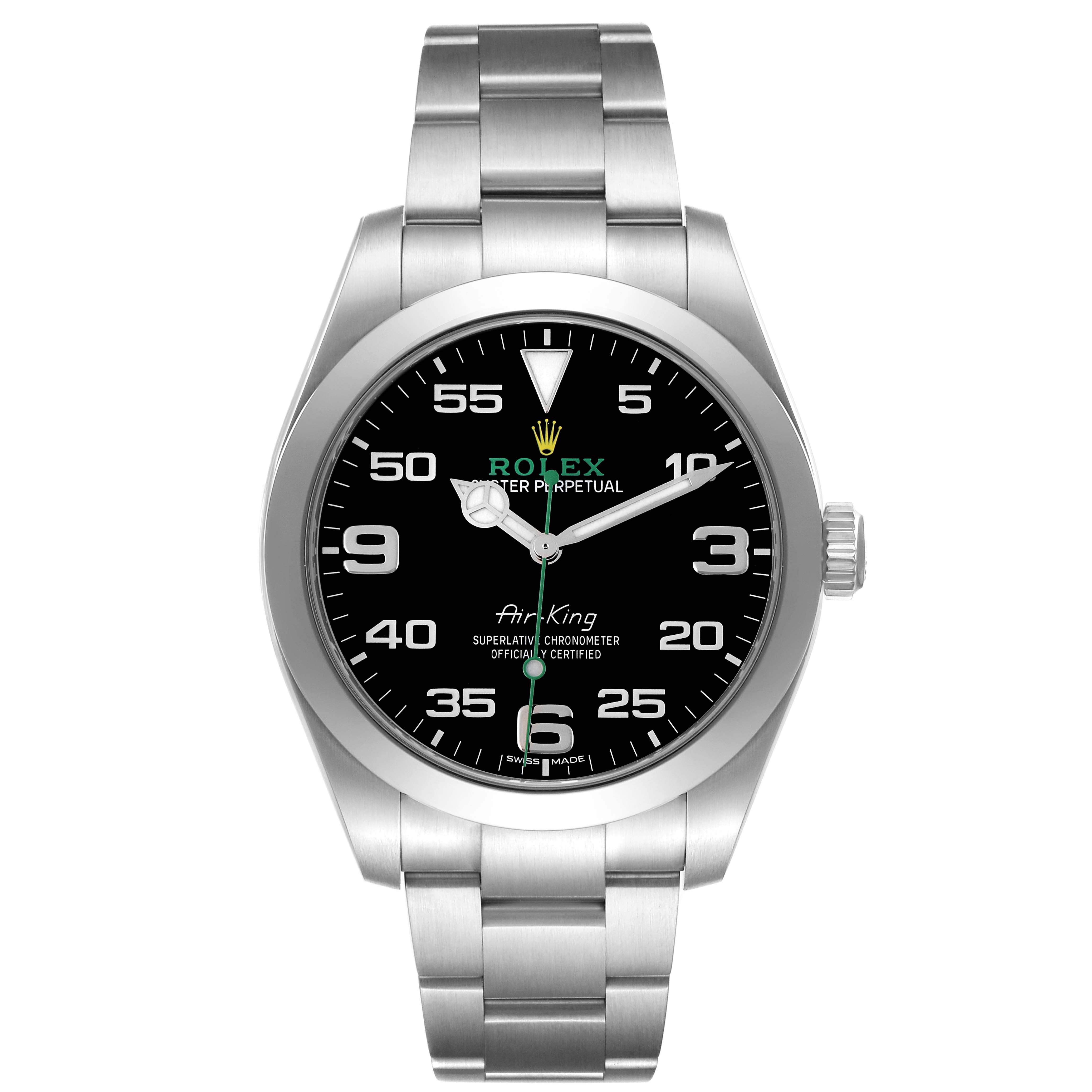 The Rolex Air-King 116900 Men's Stainless Steel Black Dial 116900 Men's Stainless Steel Black Dial watch is shown from the front, displaying the dial, hands, bezel, and bracelet.