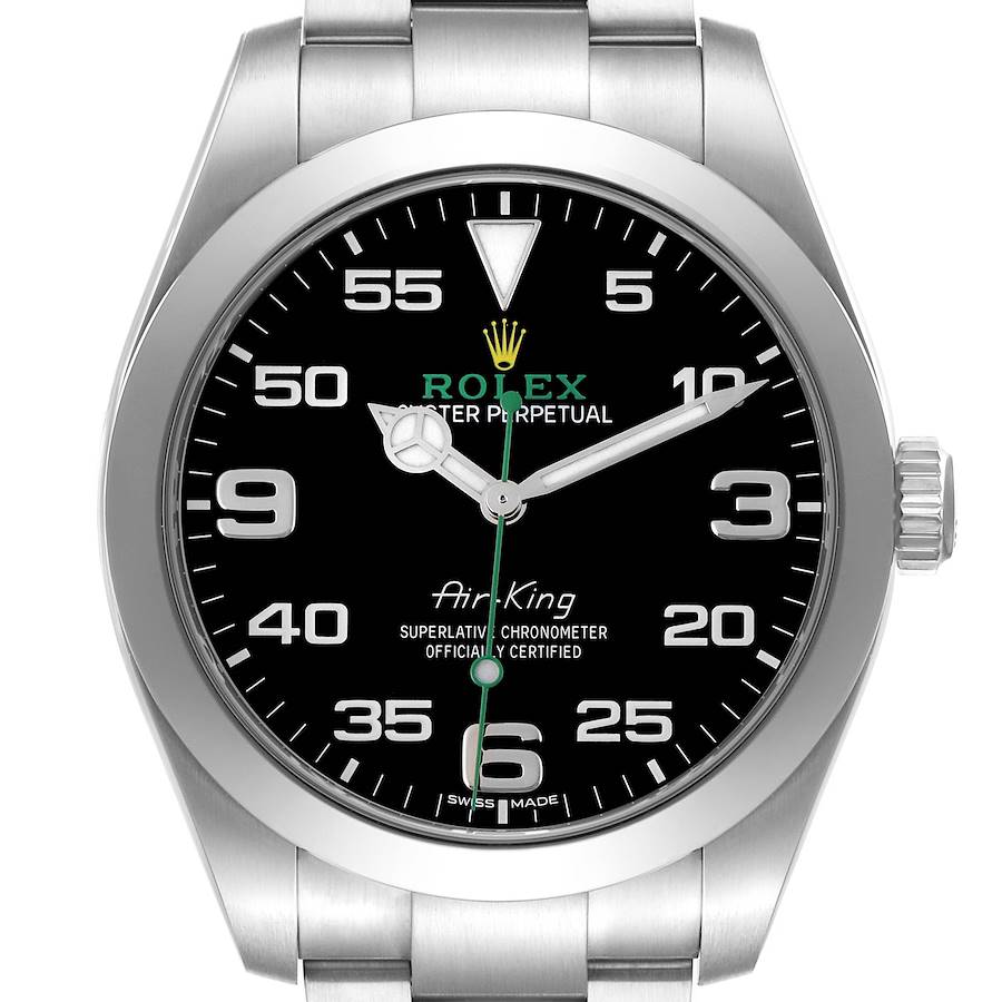 The Rolex Air-King 116900 Men's Stainless Steel Black Dial 116900 Men's Stainless Steel Black Dial watch is shown from the front, highlighting the dial, bezel, and part of the bracelet.