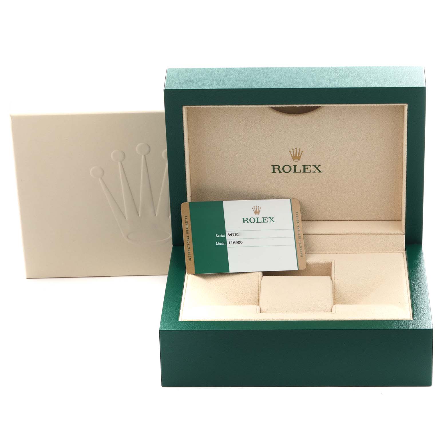 The image shows the open box and warranty card for a Rolex Air-King 116900 Men's Stainless Steel Black Dial 116900 Men's Stainless Steel Black Dial, viewed from the front.