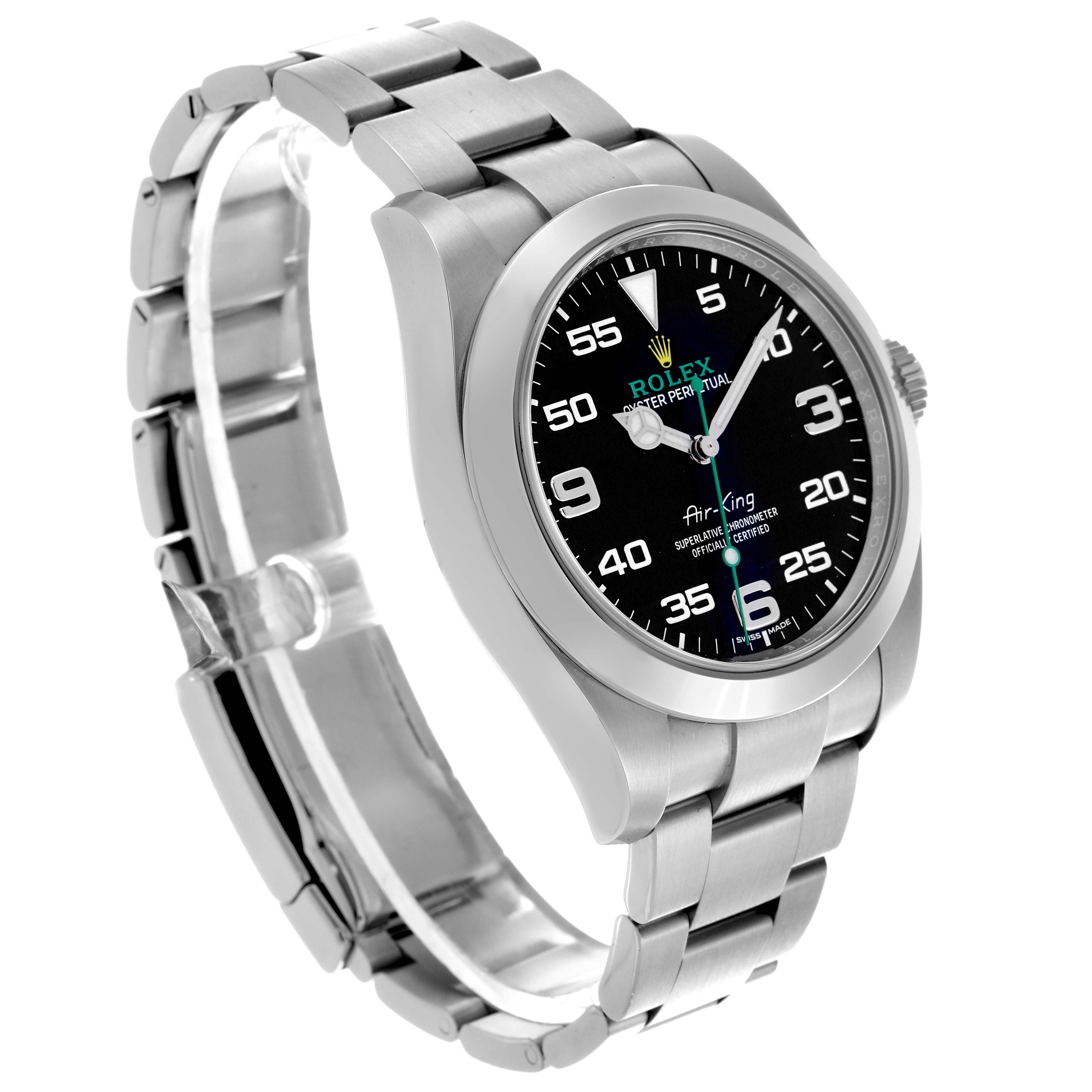 The Rolex Air-King 116900 Men's Stainless Steel Black Dial 116900 Men's Stainless Steel Black Dial watch is shown at a three-quarter angle, displaying the face, bezel, and bracelet.