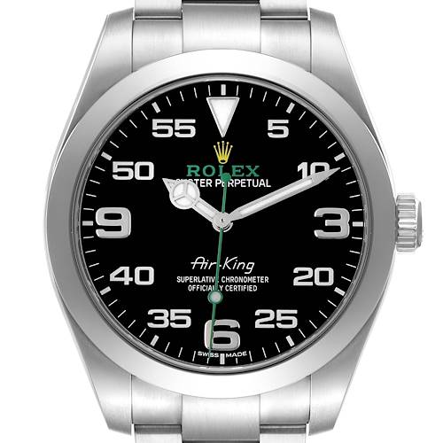 The Rolex Air-King 116900 Men's Stainless Steel Black Dial 116900 Men's Stainless Steel Black Dial watch is shown from a front angle, displaying the face, bezel, and part of the bracelet.
