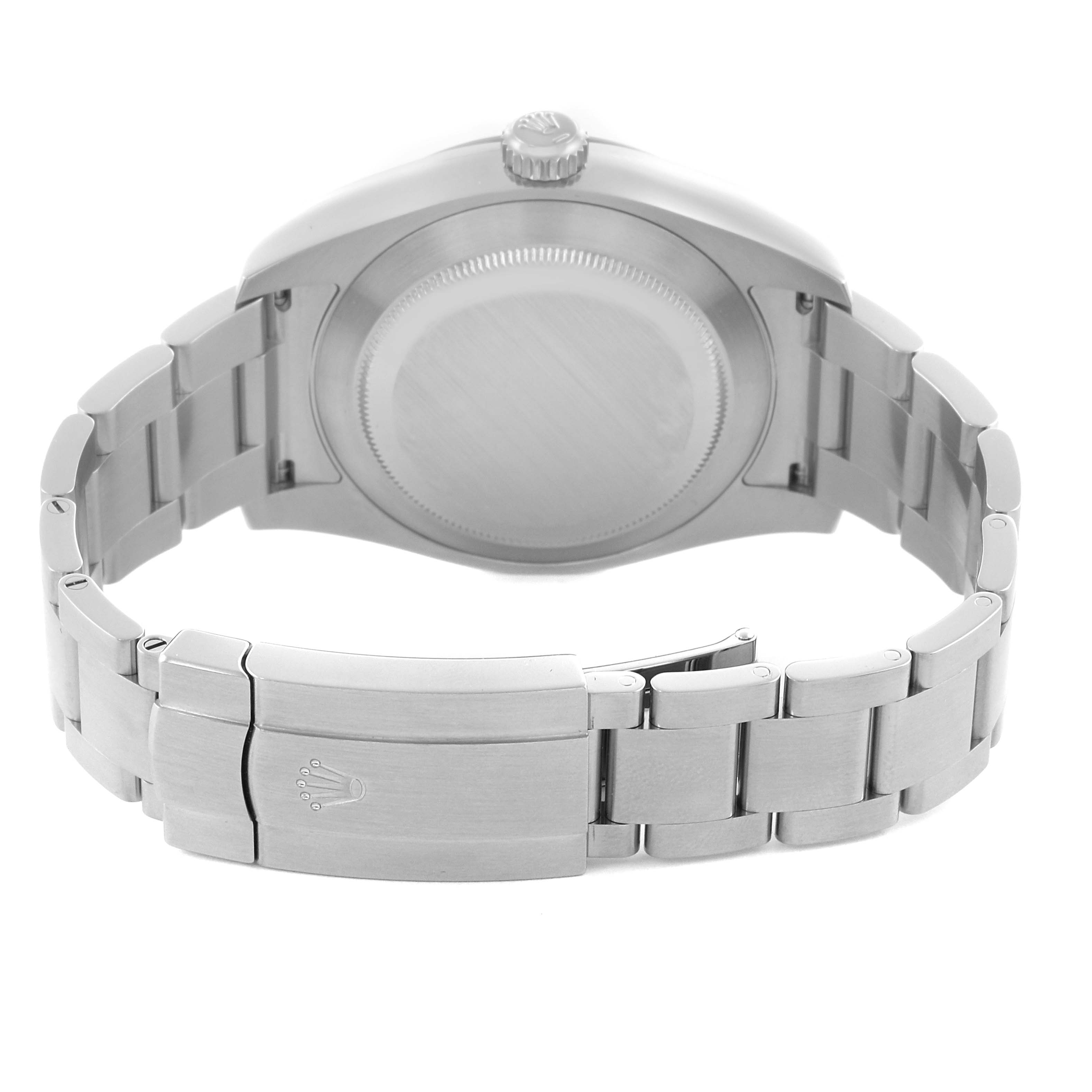 The image shows the back view of a Rolex Air-King 116900 Men's Stainless Steel Black Dial 116900 Men's Stainless Steel Black Dial watch, highlighting the bracelet, clasp, and case back.