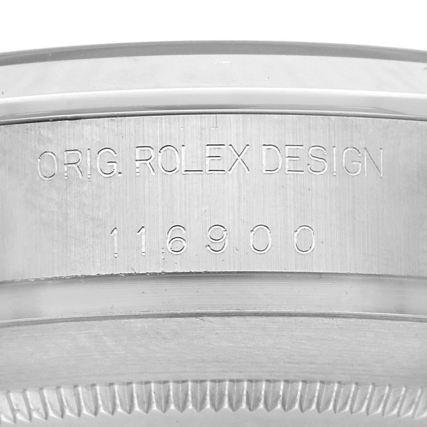 The image shows the side of a Rolex Air-King 116900 Men's Stainless Steel Black Dial 116900 Men's Stainless Steel Black Dial watch case, displaying the model number "116900" and "Orig. Rolex Design" engraving.