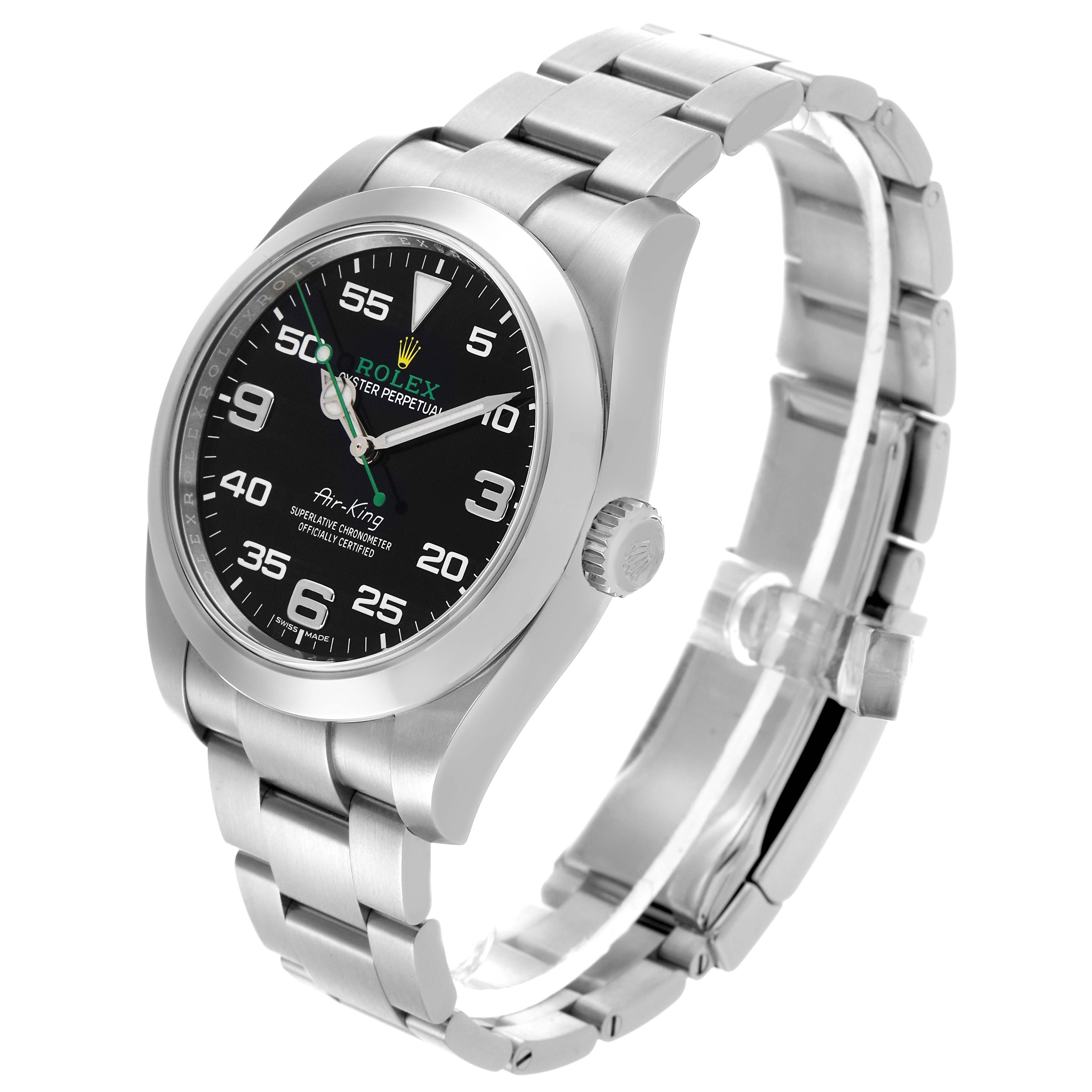 The Rolex Air-King 116900 Men's Stainless Steel Black Dial 116900 Men's Stainless Steel Black Dial watch is shown at a three-quarter angle, displaying the face, bezel, crown, and bracelet.