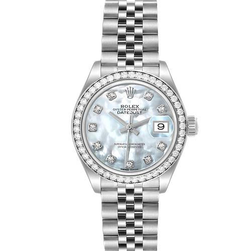 The image shows the front view of a Rolex Datejust 279384 Women's Stainless Steel Mother of Pearl Dial 279384 Women's Stainless Steel Mother of Pearl Dial watch, highlighting the face, bracelet, date window, and bezel.