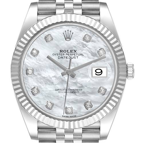 The image shows a front view of a Rolex Datejust 41 126334NG Men's Stainless Steel Mother of Pearl Dial 126334NG Men's Stainless Steel Mother of Pearl Dial watch, highlighting its face, bezel, and part of the bracelet.