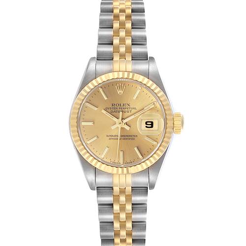 This Rolex Datejust 69173 Women's Steel and Gold (two tone) Champagne Dial 69173 Women's Steel and Gold (two tone) Champagne Dial is shown from the front, displaying the dial, two-tone bracelet, and fluted bezel.