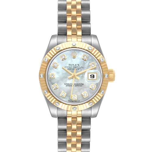 The Rolex Datejust 179313 Women's Steel and Gold (two tone) Mother of Pearl Dial 179313 Women's Steel and Gold (two tone) Mother of Pearl Dial is shown from a front view, highlighting its dial, bezel, and Jubilee bracelet.