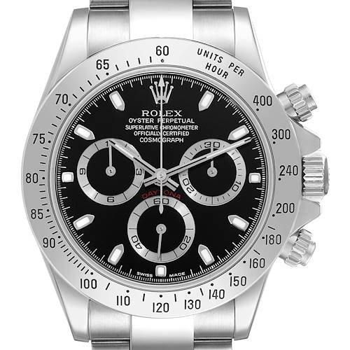 This image shows a frontal view of a Rolex Daytona 116520 Men's Stainless Steel Black Dial 116520 Men's Stainless Steel Black Dial watch, highlighting its bezel, face, subdials, and crown.