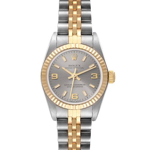 The image shows a front view of a Rolex Oyster Perpetual 76193 Women's Steel and Gold (two tone) Silver Dial 76193 Women's Steel and Gold (two tone) Silver Dial watch, featuring a two-tone metal bracelet and gold fluted bezel.