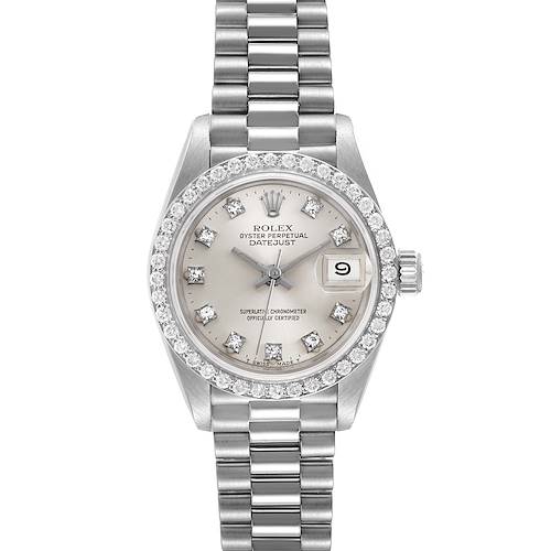 The image shows a frontal view of a Rolex President 69139 Women's White Gold Silver Dial 69139 Women's White Gold Silver Dial model watch, highlighting its dial, bezel, bracelet, and date feature.