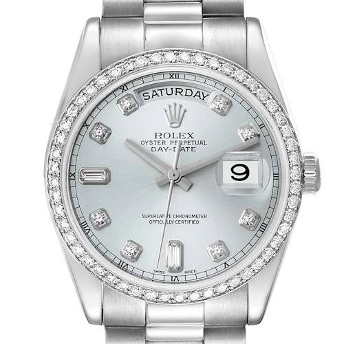 The image shows a close-up, front-facing view of the Rolex President 118346 Men's Platinum Silver Dial 118346 Men's Platinum Silver Dial model watch, displaying the dial and part of the bracelet.