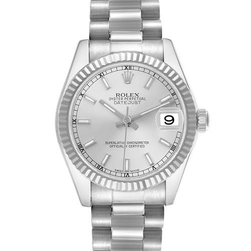The Rolex Mid-Size 178279 Women's White Gold Silver Dial 178279 Women's White Gold Silver Dial Datejust watch is shown from the front, displaying the dial, bezel, bracelet, and date window.
